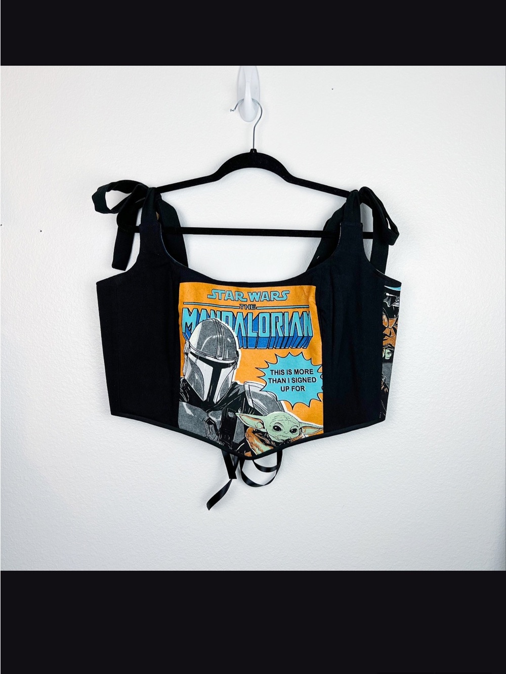 Handmade Black Reworked Graphic Corset Top Ribbon Ties OOAK